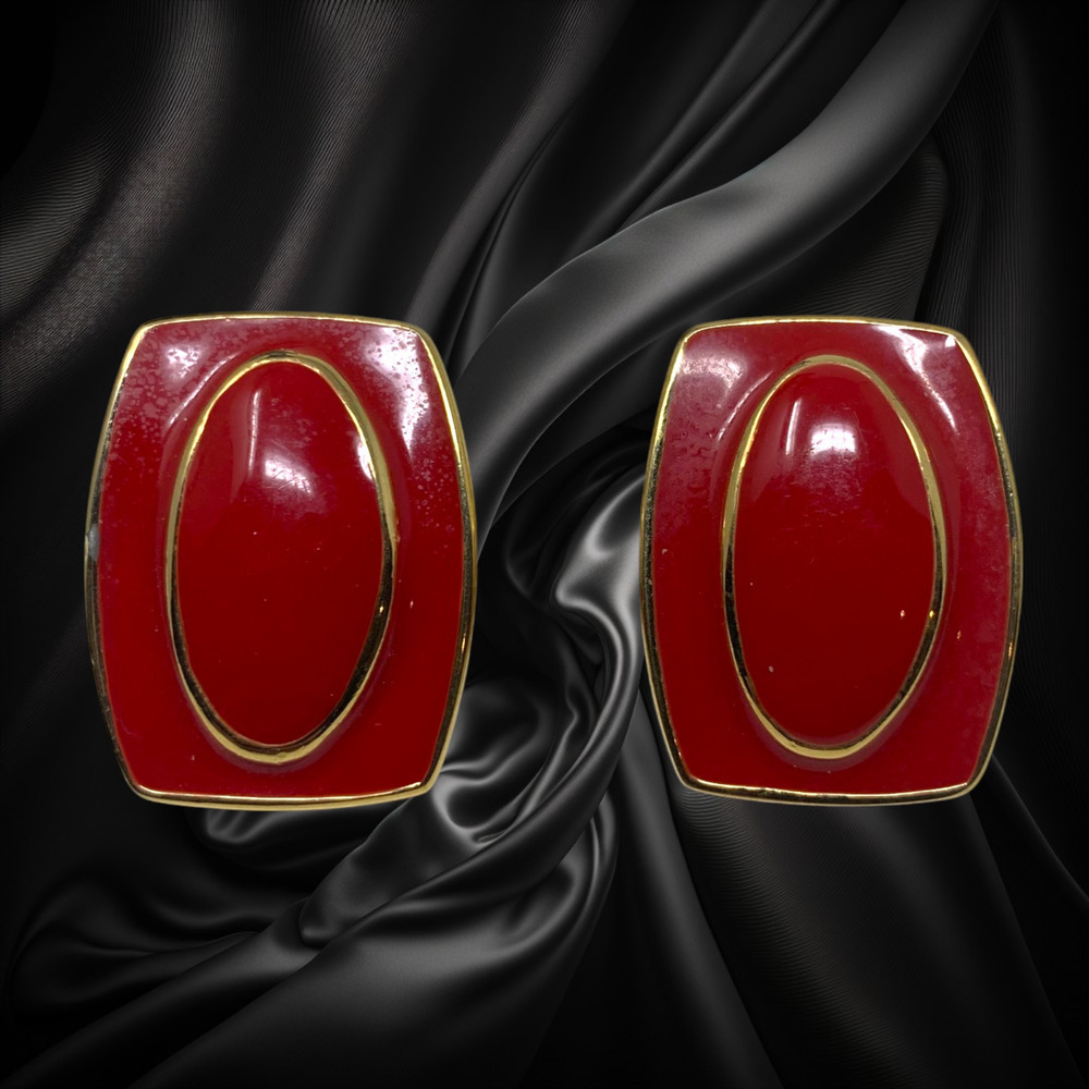 Vintage 1980's Monet Red Enamel Gold Tone Pierced Earrings Modernist Couture